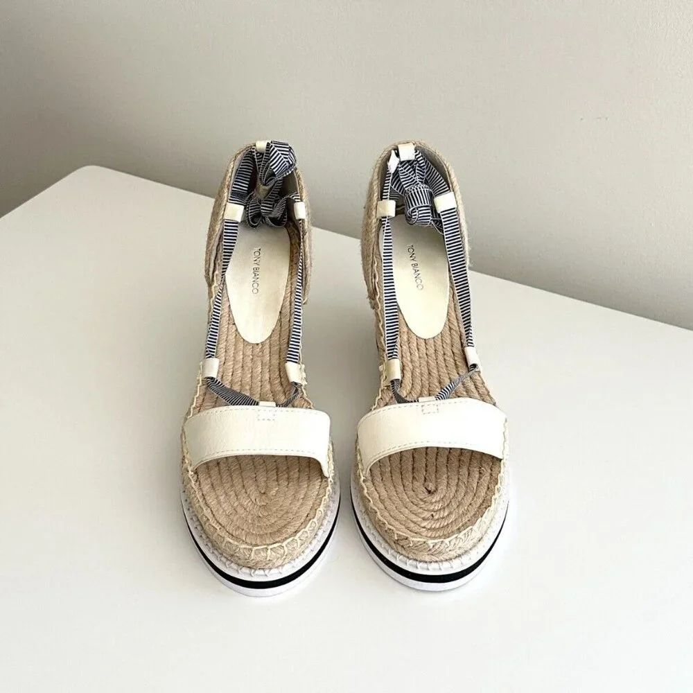 NEW TONY BIANCO Ankle Wrap Espadrille Wedge Sandals in White/Blue Stripe Size 8